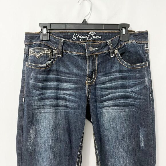 Request Jeans Dark Denim Flap Embellished Pockets Boot Cut Distressed Size 13/32 - Picture 5 of 6